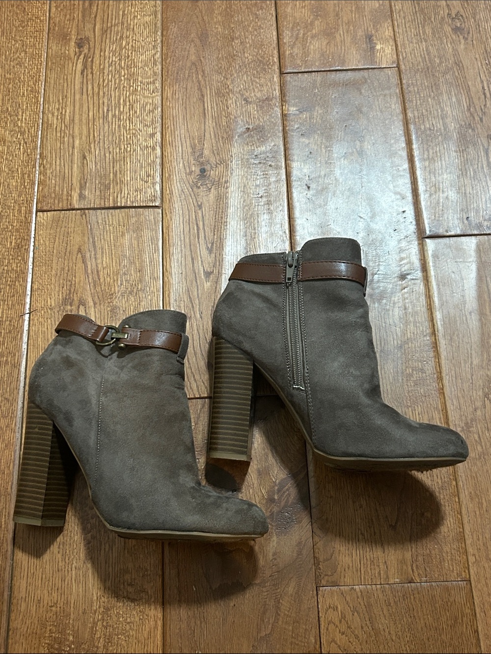 BAMBOO Taupe Suede Block Heel Ankle Boots with Brown Strap